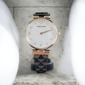 Emporio Armani Women's Gold-Tone White Dial Watch with Patterned Brown Strap